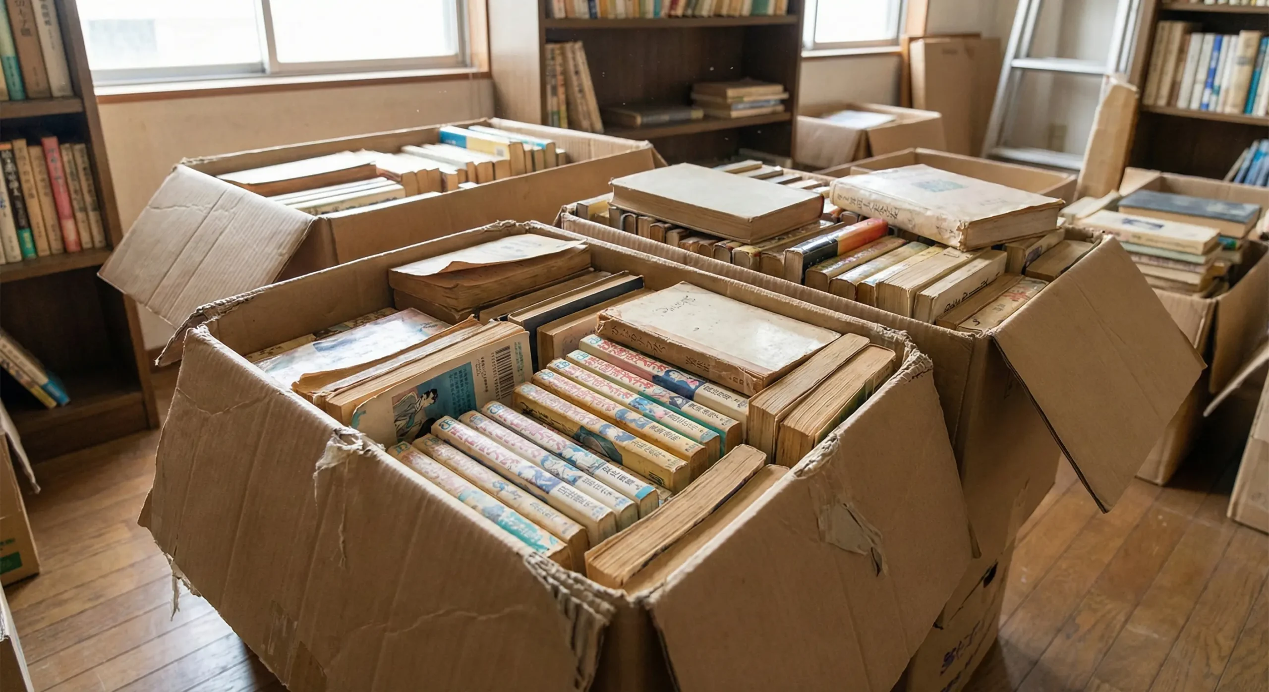 段ボールに梱包された本の写真